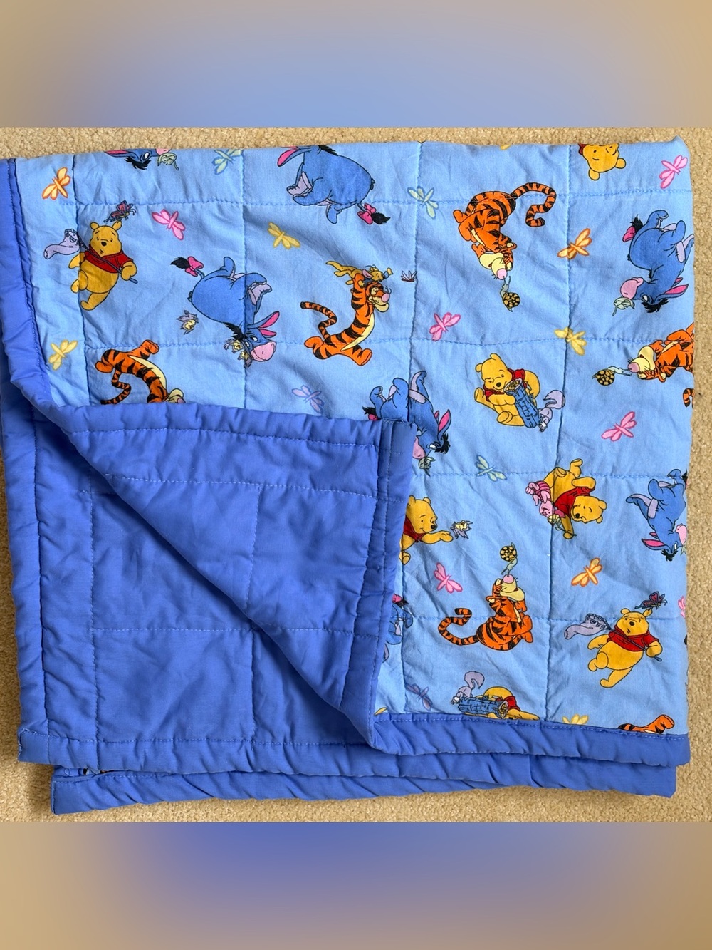 Vintage Winnie the Pooh/Eeyore/Tigger Quilted Crib/Toddler Bed Size Blanket/EUC
